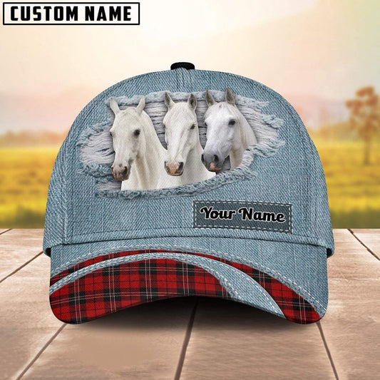 White Horse Red Caro And Jeans Pattern Customized Name Cap, Farm Cap, Farmer Baseball Cap, Cow Cap, Cow Gift, Farm Animal Hat