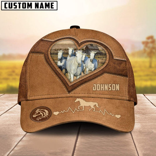 White Horses Heart Shaped Style Customized Name Cap, Farm Cap, Farmer Baseball Cap, Cow Cap, Cow Gift, Farm Animal Hat