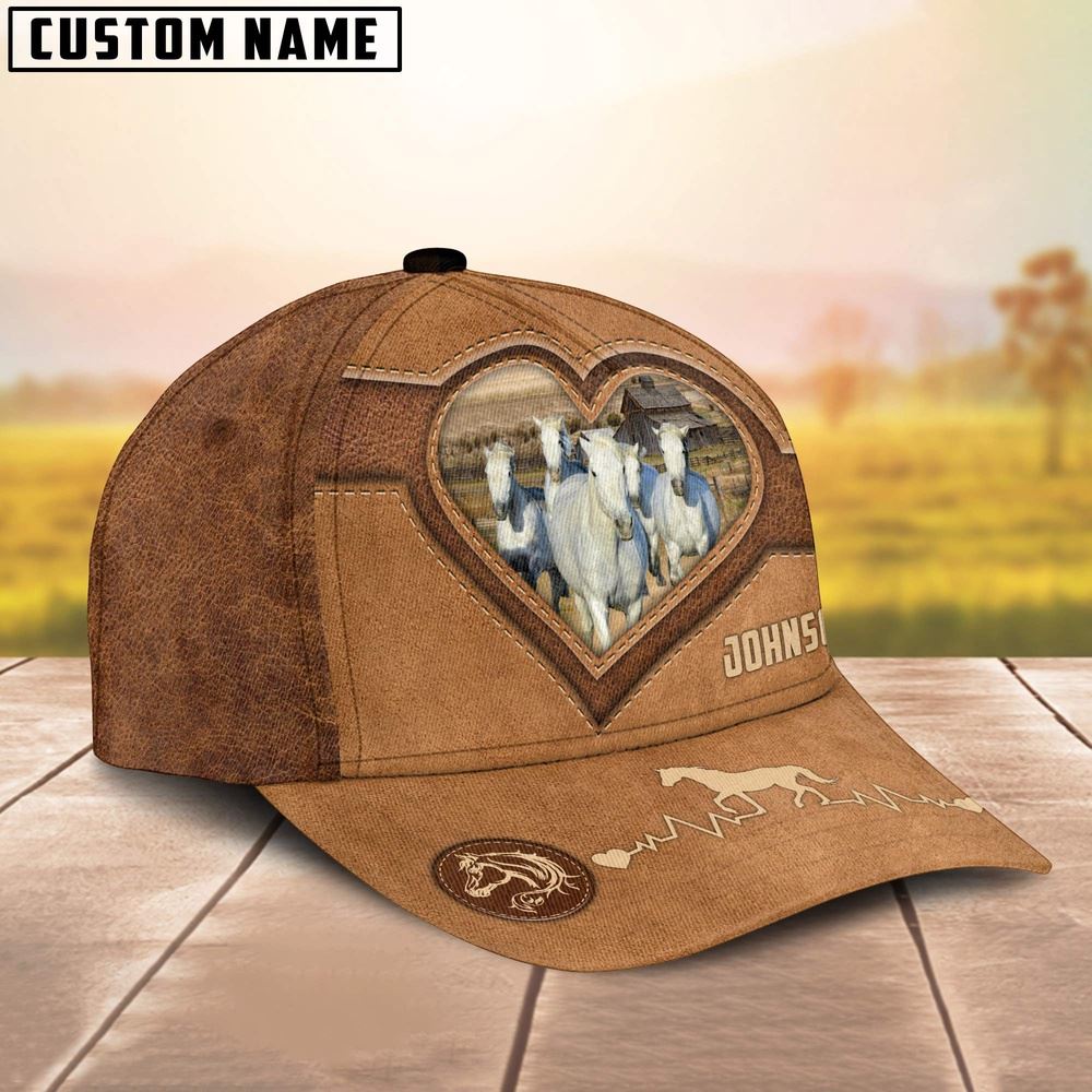White Horses Heart Shaped Style Customized Name Cap, Farm Cap, Farmer Baseball Cap, Cow Cap, Cow Gift, Farm Animal Hat