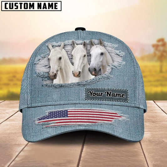 White Horses Jeans Pattern Customized Name Cap, Farm Cap, Farmer Baseball Cap, Cow Cap, Cow Gift, Farm Animal Hat