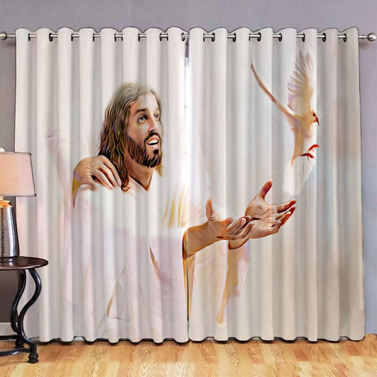 White Jesus And The Dove Premium Window Curtain, Jesus Premium Window Curtain, Christian Window Curtain