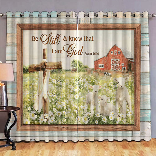 White Sheep Daisy Field Be Still And Know That I Am God Premium Window Curtain Art, Bible Verse Premium Window Curtain, Faith Window Curtain Christian