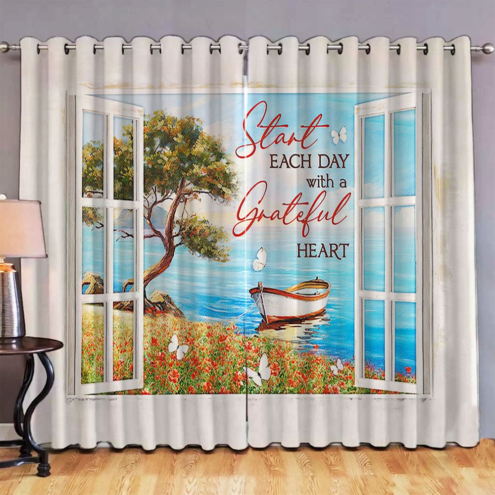 Wooden Boat Start Each Day With A Grateful Heart Premium Window Curtain Art, Bible Verse Premium Window Curtain, Faith Window Curtain Christian