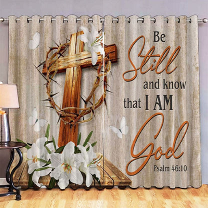 Wooden Cross White Lily - Be Still & Know That I Am God Premium Window Curtain - Christian Decorative Curtains For Living Room