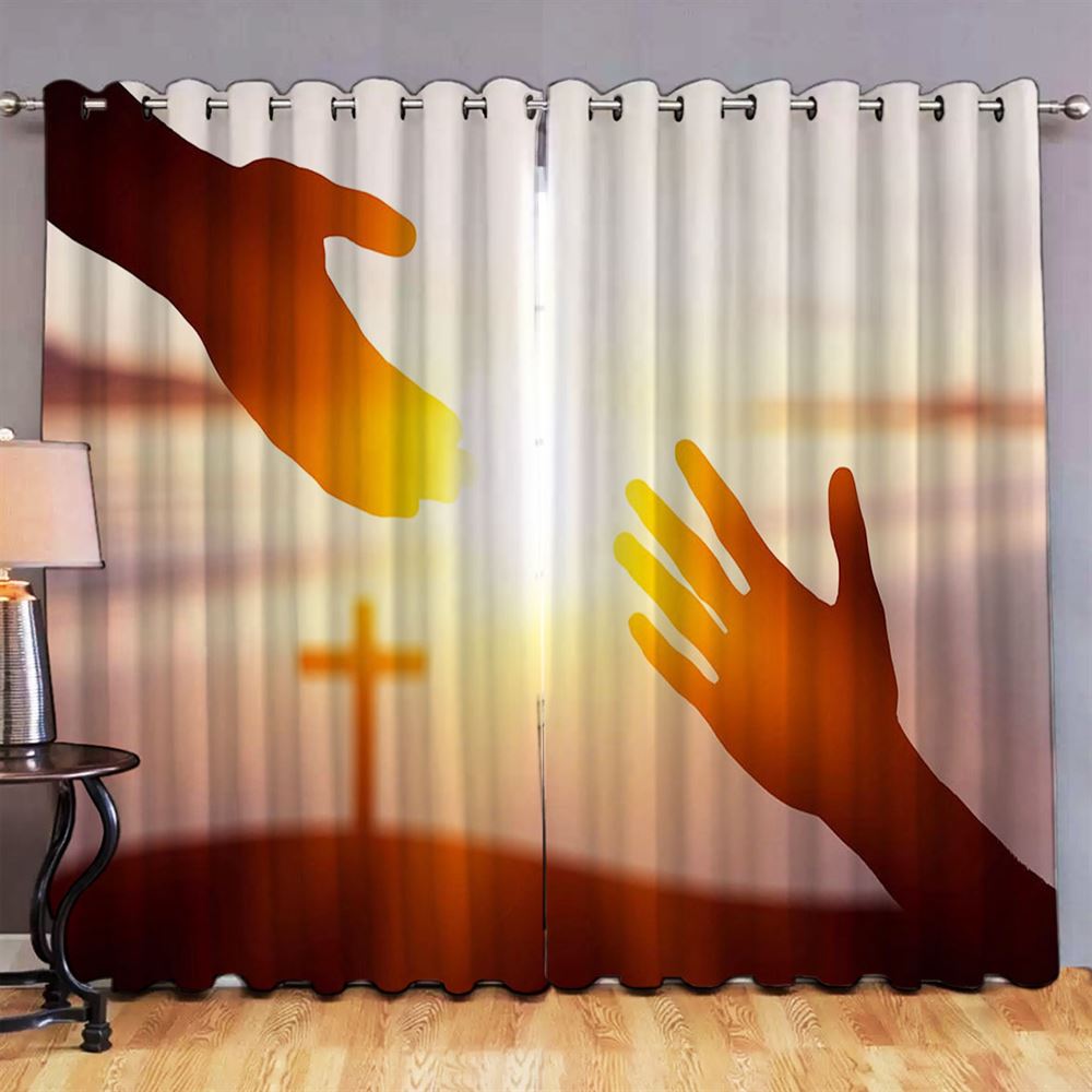 World Peace Day Concept Silhouette Jesus Reaching Out Hand Image Premium Window Curtain, Faith Art Premium Window Curtain, Christian Window Curtain
