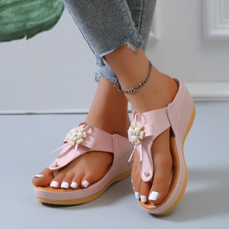 Women's Sandals, Women Orthopedic Sandals Vintage Flower Rhinestones Flip-flops Summer Beach Comfortable Flower Cute