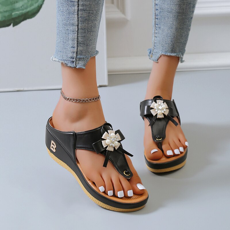 Women's Sandals, Women Orthopedic Sandals Vintage Flower Rhinestones Flip-flops Summer Beach Comfortable Flower Cute