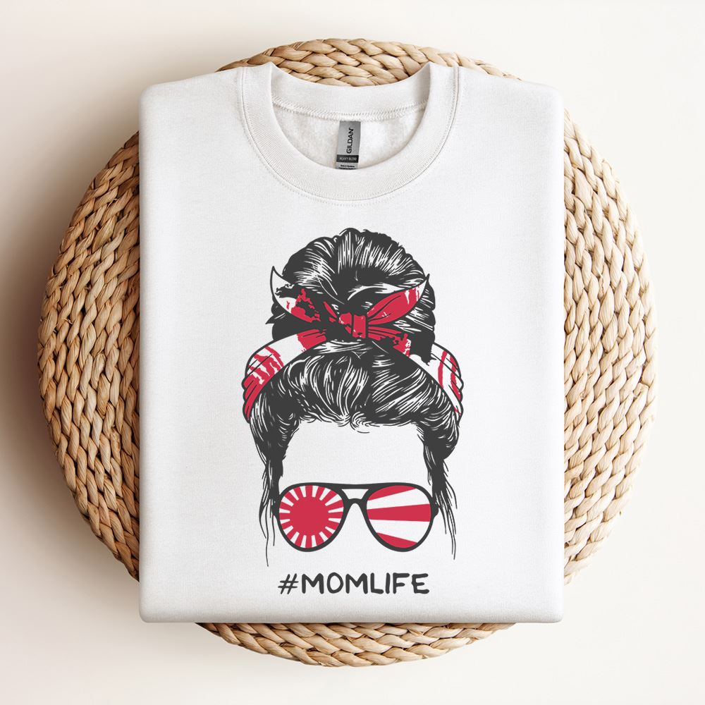 Messy Bun Hairstyle With Japanese Flag Sweatshirt, Mother's Day Sweatshirt, Mama Sweatshirt, Mother Gift