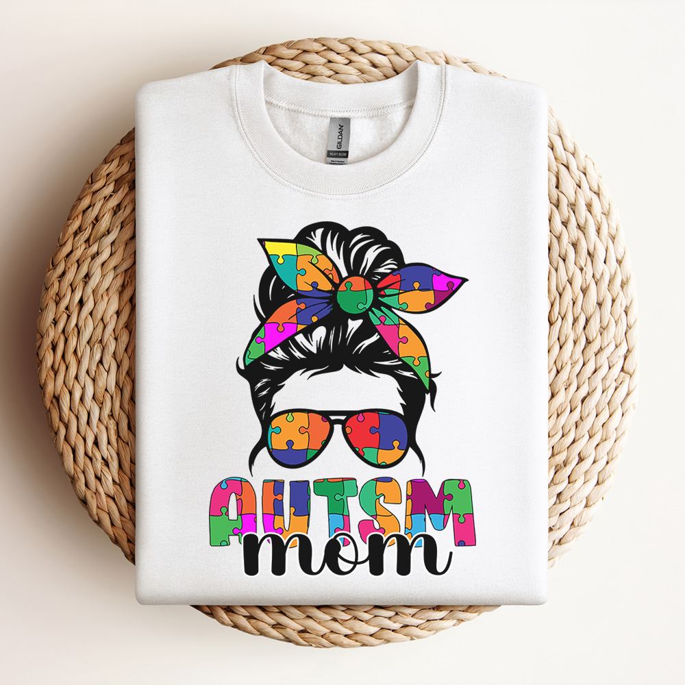 Autism Mom Messy Bun Sunglasses Bandana Sweatshirt, Mother's Day Sweatshirt, Mama Sweatshirt, Mother Gift