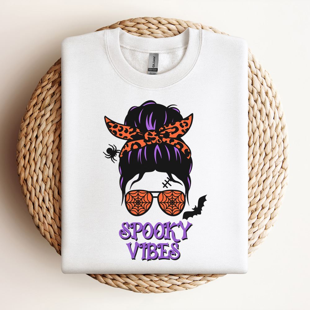 Messy Bun Spooky Vibes Sweatshirt, Mother's Day Sweatshirt, Mama Sweatshirt, Mother Gift