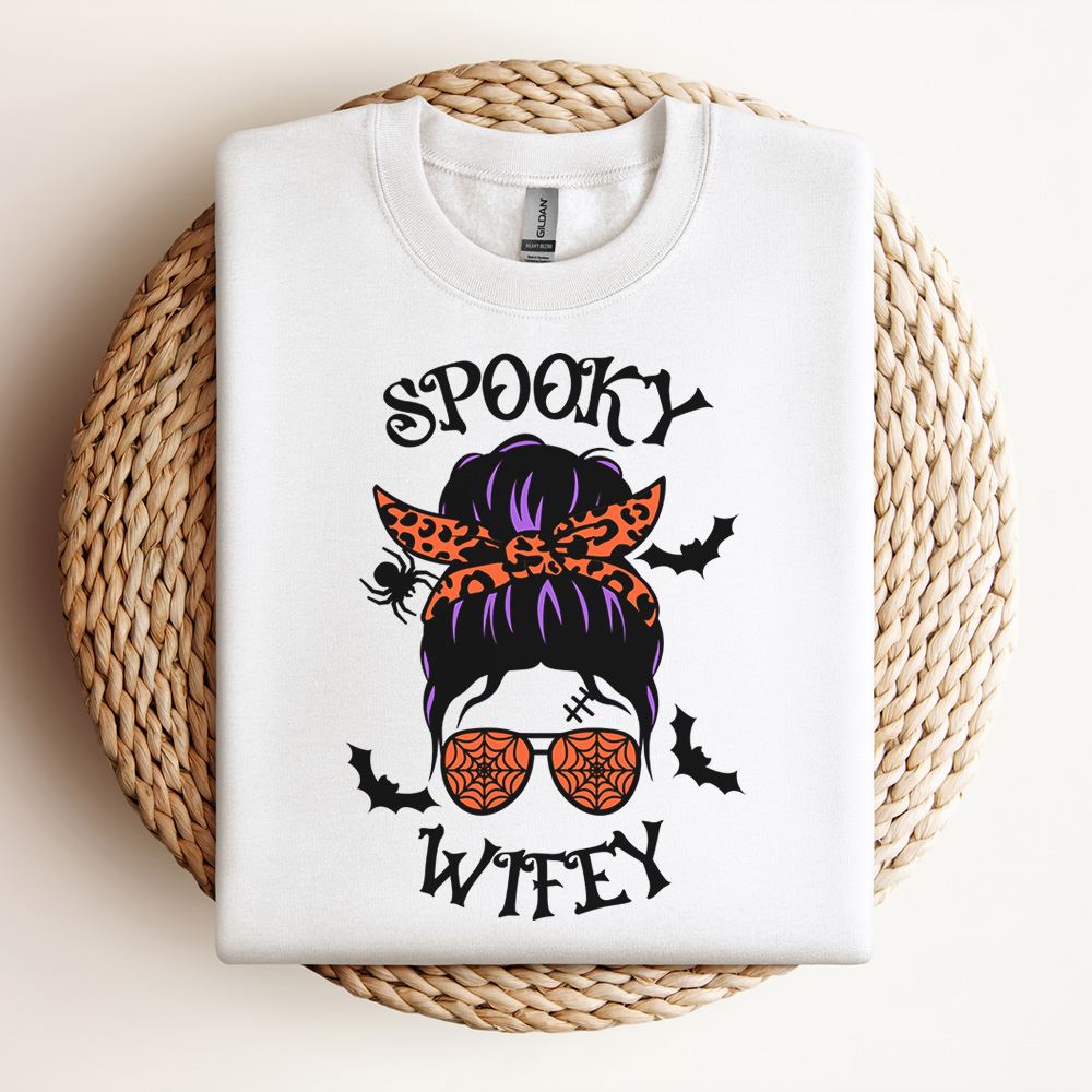 Messy Bun Spooky Wifey Sweatshirt, Mother's Day Sweatshirt, Mama Sweatshirt, Mother Gift