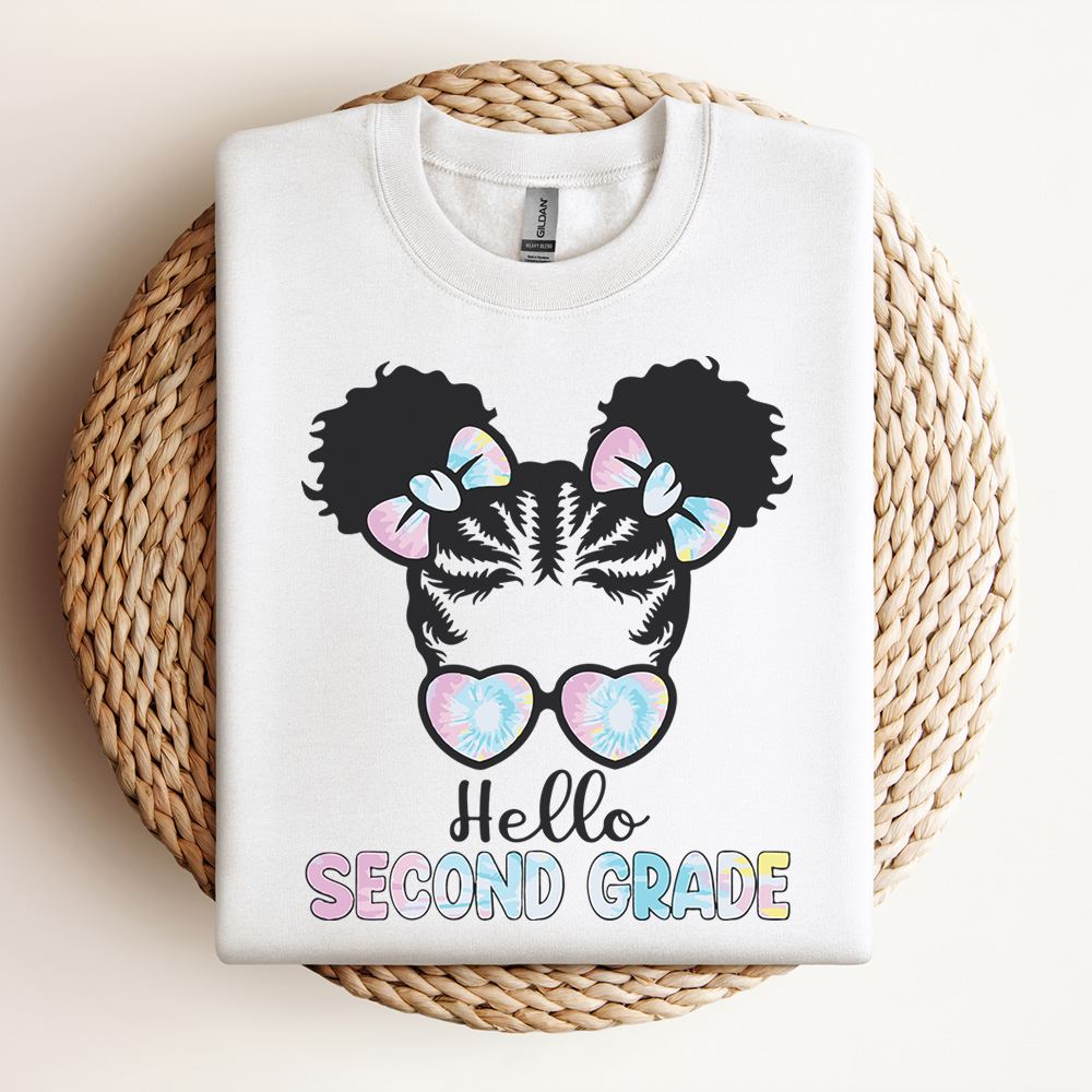 Afro Black Girls Hello SecondNd Grade Messy Bun Tie Dye Sweatshirt, Mother's Day Sweatshirt, Mama Sweatshirt, Mother Gift