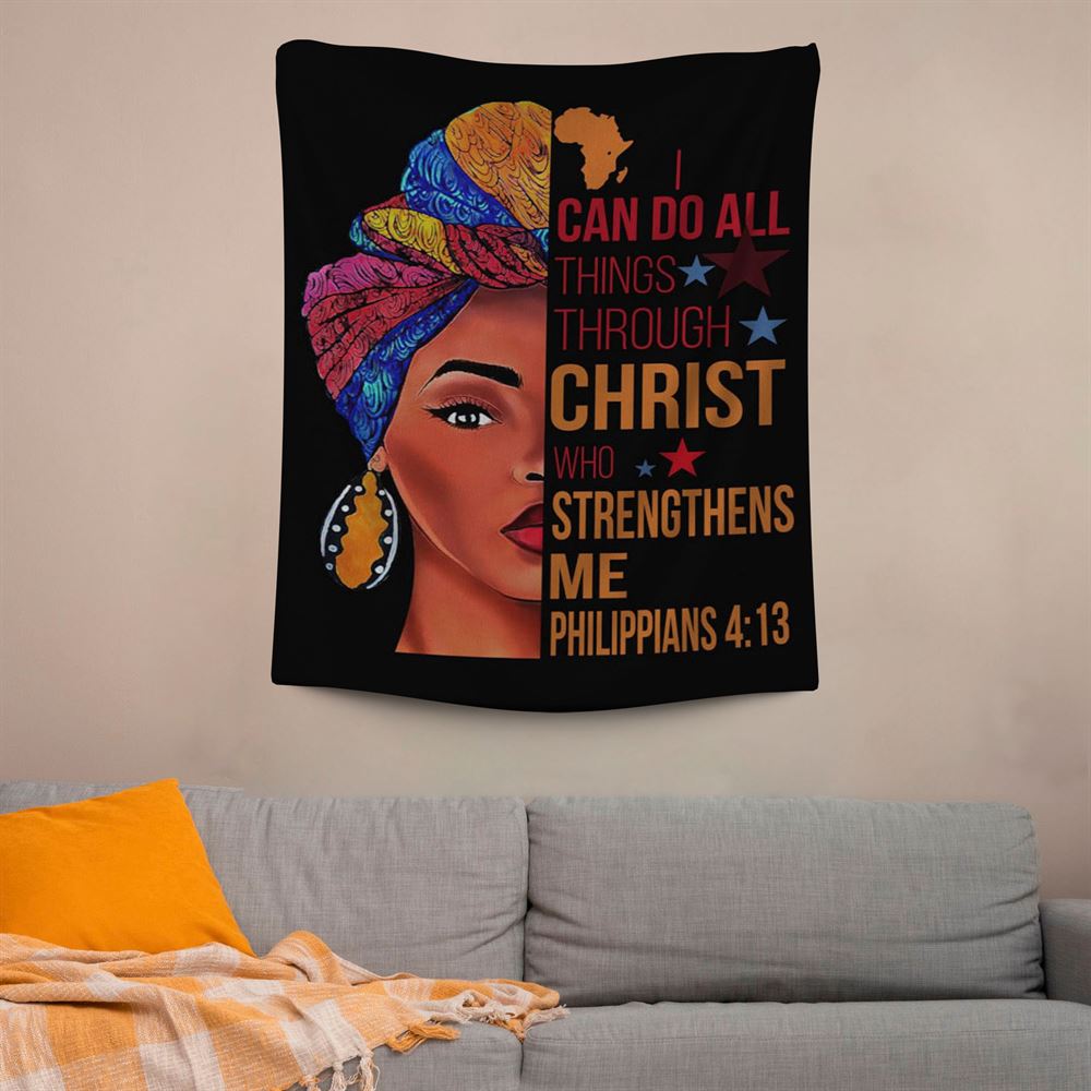African American I Can Do All Things Through Christ Tapestry Prints, Scripture Wall Art, Tapestries Spiritual For Bedroom