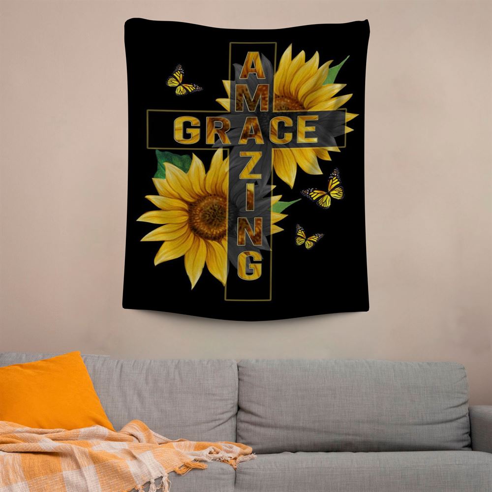 Amazing Grace Sunflower Tapestry Prints, Scripture Wall Art, Tapestries Spiritual For Bedroom