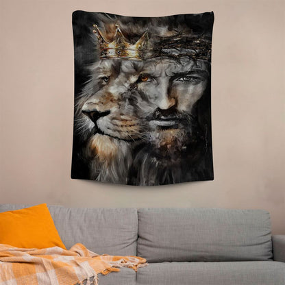 Amazing Lion Of Judah Jesus Painting Unique Crown Tapestry, Jesus Tapestry, Christian Wall Decor, Bible Verse Wall Art