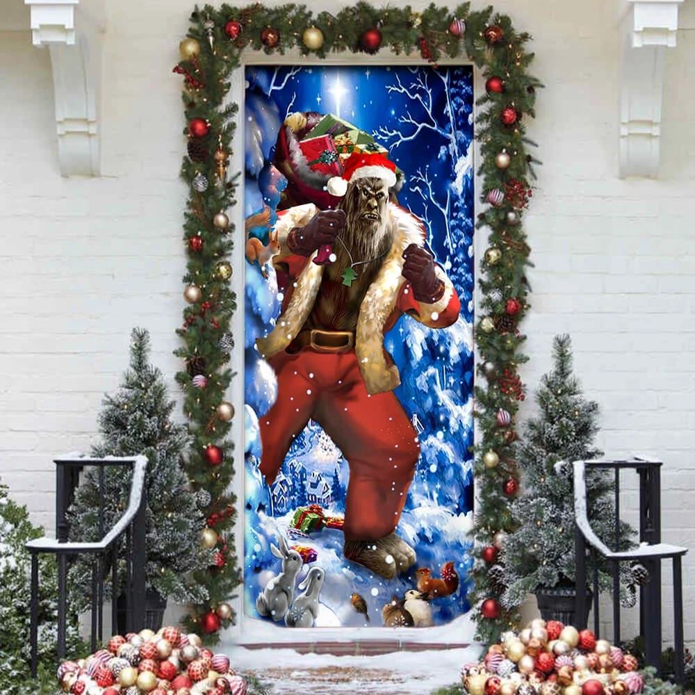 Bigfoot Door Cover Christmas Forest Decor, Front Door Christmas Cover, Xmas Door Covers, Christmas Gift, Christmas Door Coverings