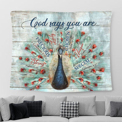Blue Peacock God Says You Are Wall Art Tapestry - Christian Wall Art - Religious Art