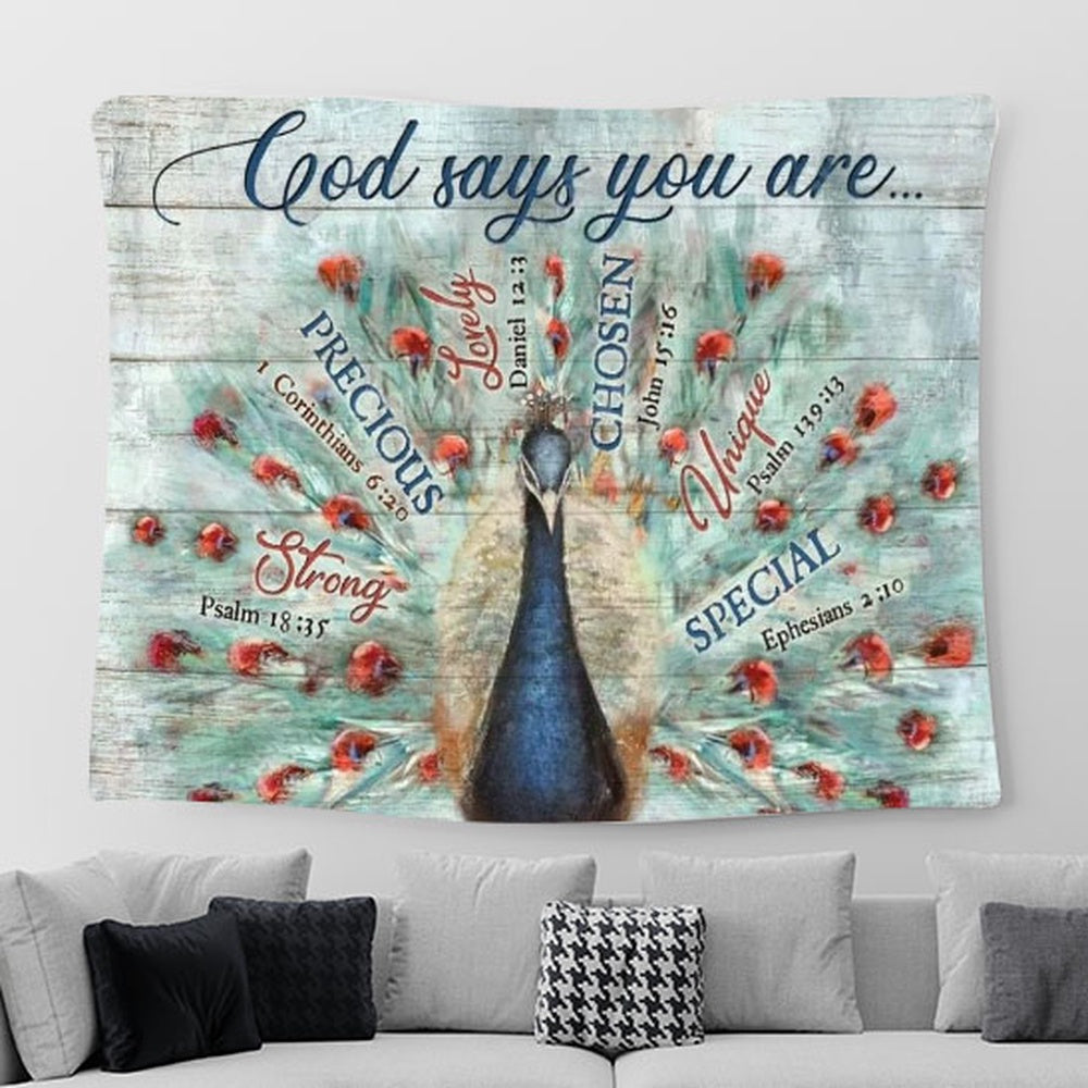 Blue Peacock Painting, Bible Verses, Vintage Drawing, God Says You Are Tapestry