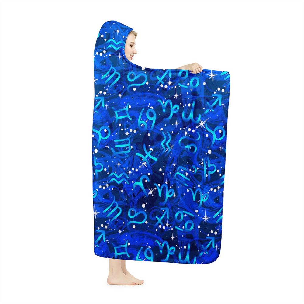 Blue Zodiac Signs Hooded Blanket, In Style Boho, Hippie, Bohemian, Bohemian Blanket, Boho Hooded Cloak
