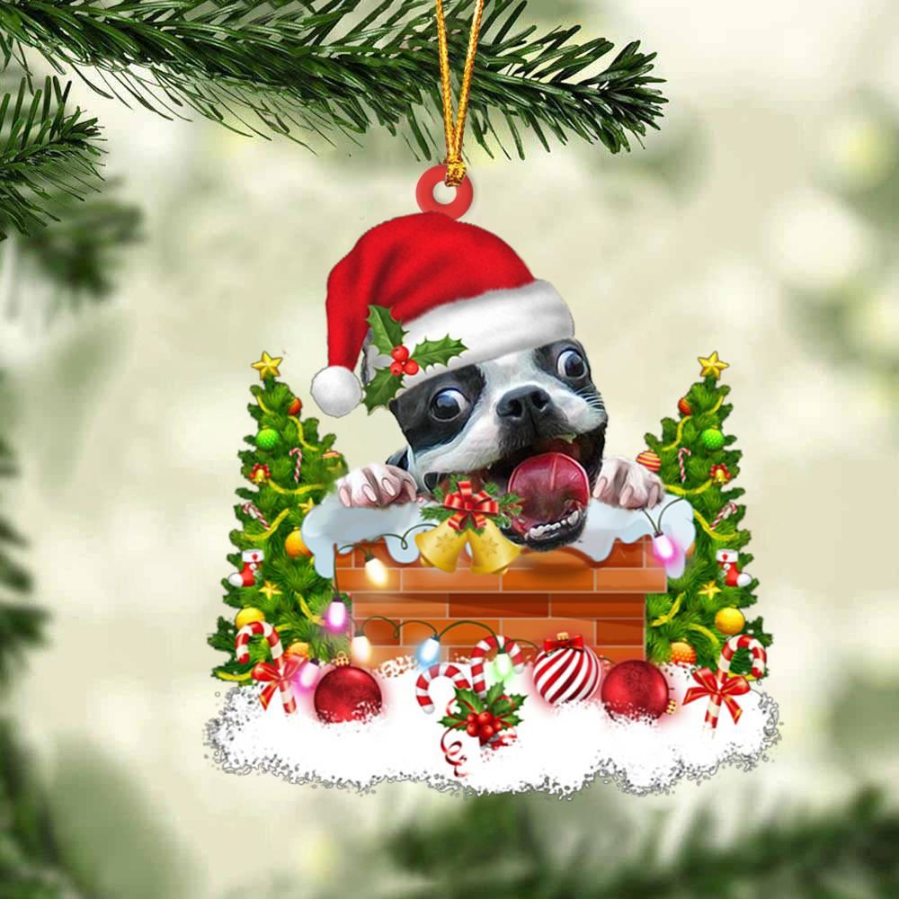 Boston Terrier In The Chimney Hanging Ornament, Christmas Tree Decoration, Car Ornament Accessories, Christmas Ornaments 2023