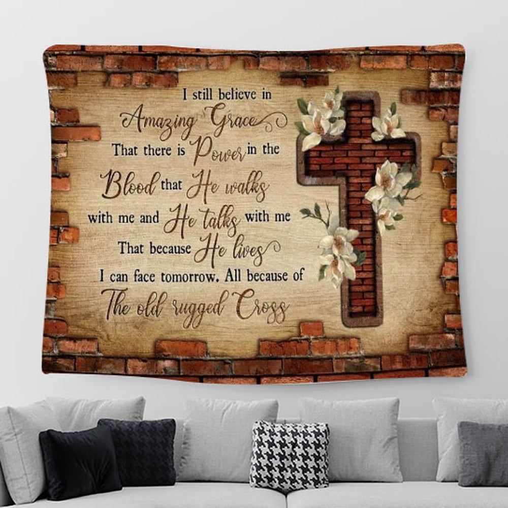 Brick Wall, Jesus Cross, The Old Rugged Cross Tapestry