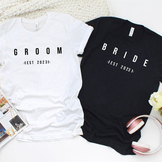 Bride & Groom Custom Est Matching Set For Couples, Couple T Shirts, Valentine T-Shirt, Valentine Day Gift