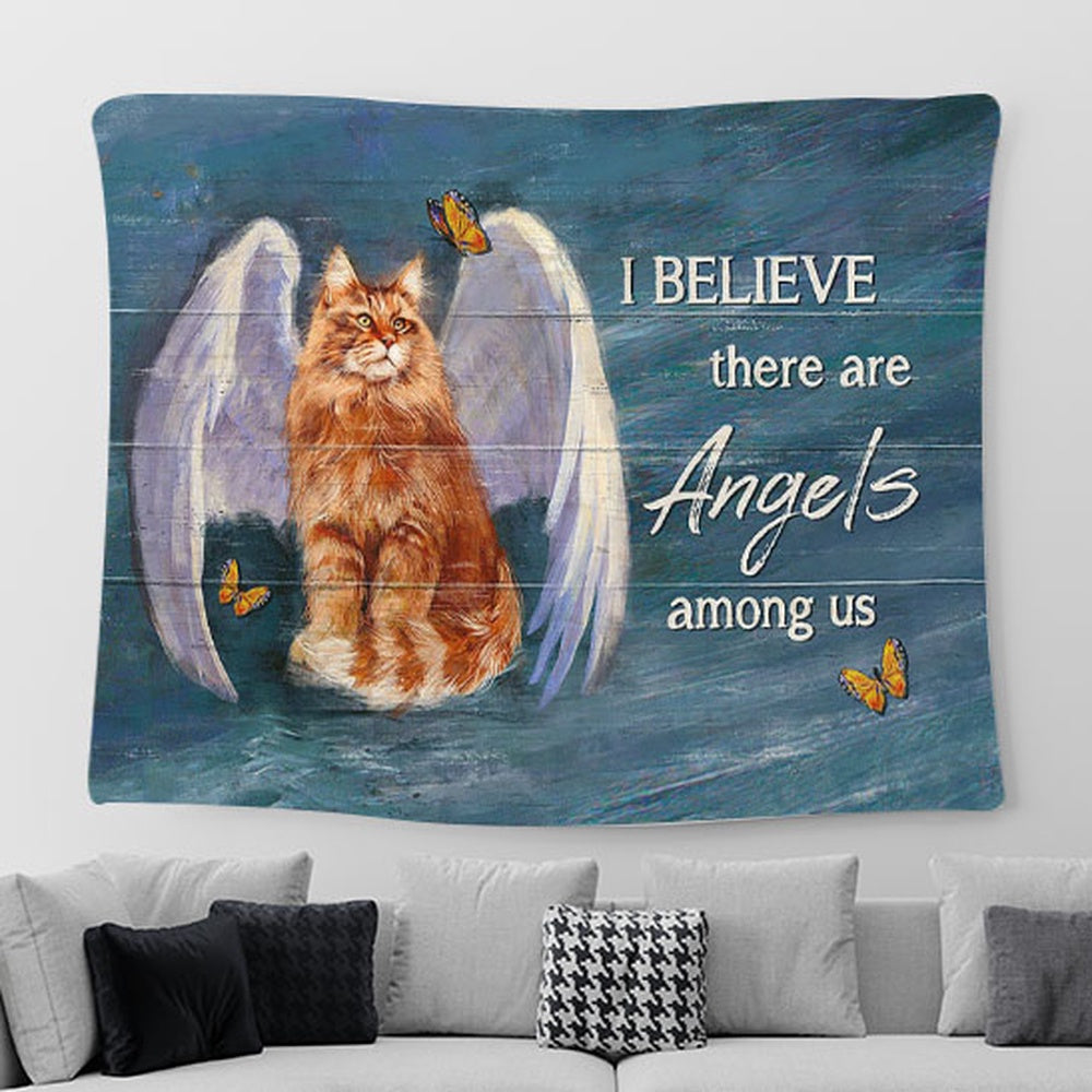 Brown Cat Angel Wings I Believe There Are Angels Among Us Tapestry Wall Art - Bible Verse Tapestry - Religious Prints