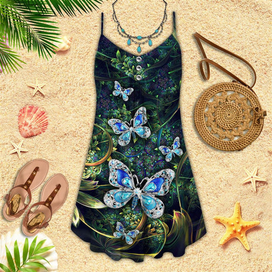 Butterflies Jewelry Design Style Spaghetti Strap Summer Dress For Women On Beach Vacation, Hippie Dress, Hippie Beach Outfit