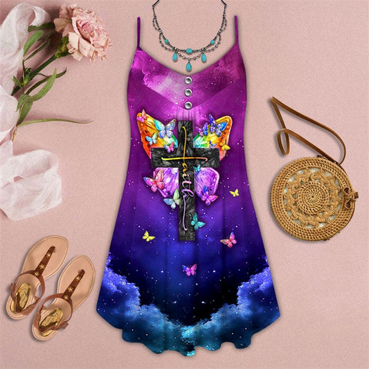 Butterfly Faith Cross Christian Spaghetti Strap Summer Dress For Women On Beach Vacation, Hippie Dress, Hippie Beach Outfit