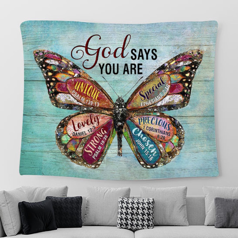Butterfly God Says You Are Tapestry Wall Art - Bible Verse Tapestry - Religious Prints