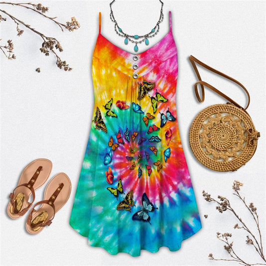 Butterfly Hippie Tie Dye Spaghetti Strap Summer Dress For Women On Beach Vacation, Hippie Dress, Hippie Beach Outfit