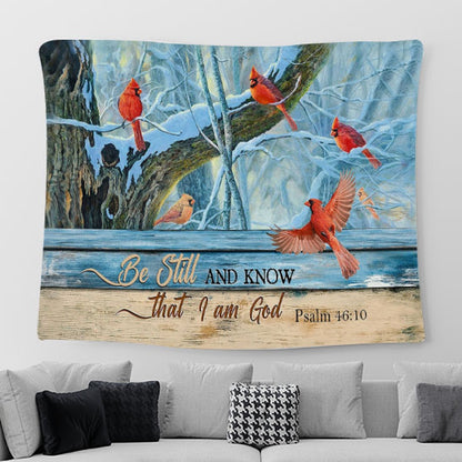 Cardinal Blue Light Be Still And Know That I Am God Tapestry Wall Art - Bible Verse Tapestry - Religious Prints