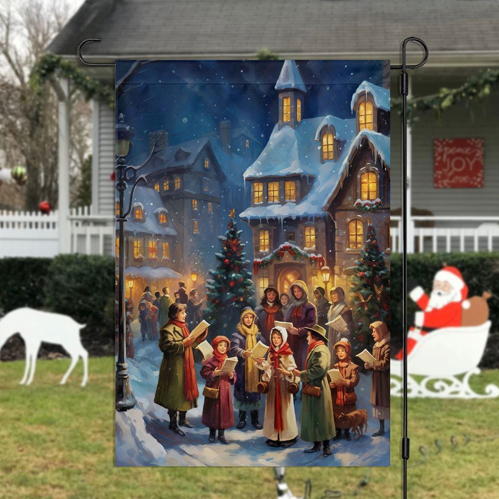 Carolers By The Candlelit Village  Christmas Flag, Christmas Gift, Christmas Garden Flags, Christmas Outdoor Flag