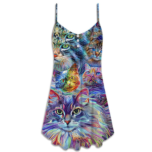 Cat Art Hippie Lover Cat Colorful Spaghetti Strap Summer Dress For Women On Beach Vacation, Hippie Dress, Hippie Beach Outfit