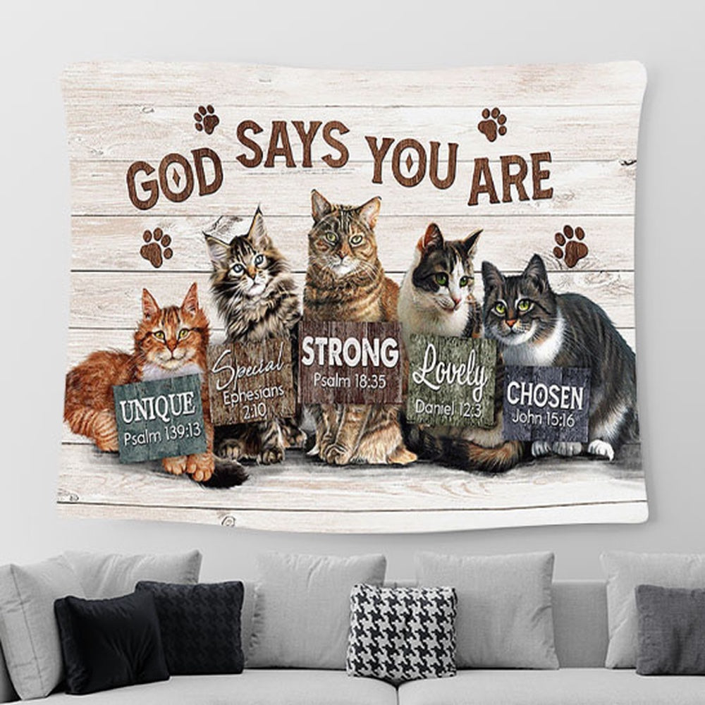 Cat God Says You Are Tapestry Wall Art - Bible Verse Tapestry - Religious Prints