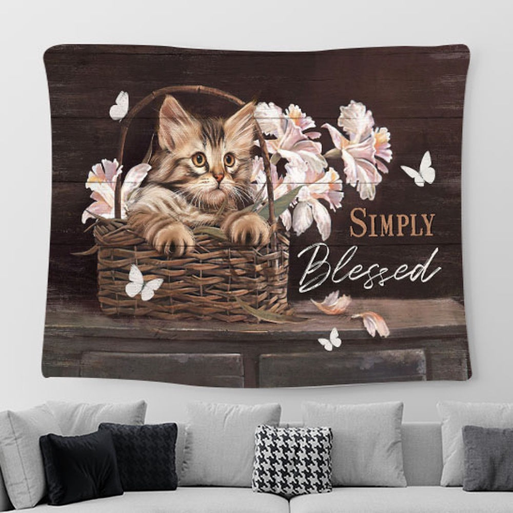 Cat Light Pink Flower Simply Blessed Tapestry Wall Art - Bible Verse Tapestry - Religious Prints