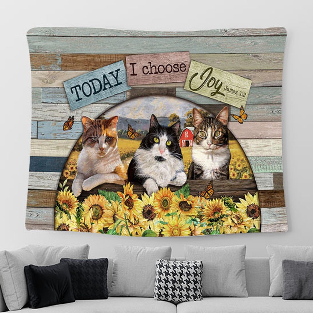 Cat Sunflower Field Today I Choose Joy Tapestry Wall Art - Bible Verse Tapestry - Religious Prints
