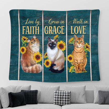 Cat Sunflower Live By Faith Walk In Love Tapestry Wall Art - Bible Verse Tapestry - Religious Prints