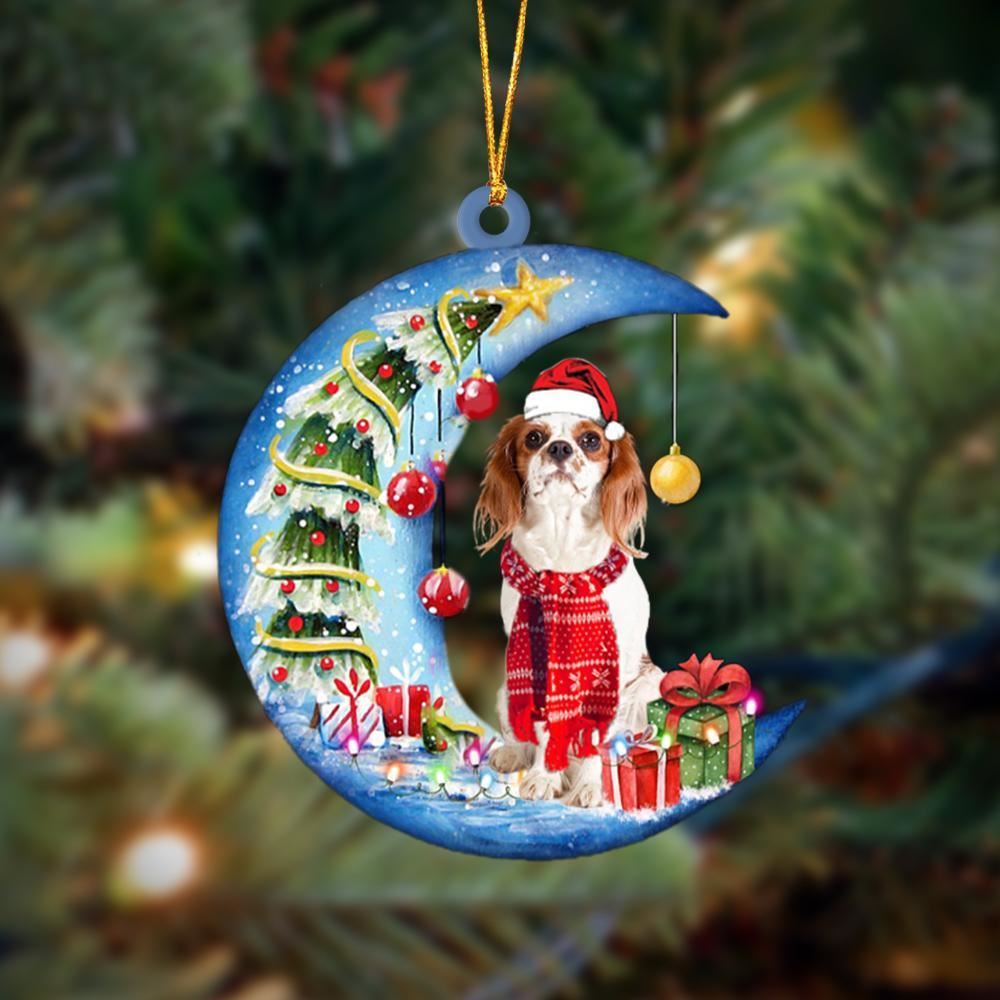 Cavalier King Charles Spaniel Sits On The Moon Merry Christmas Hanging Ornament, Christmas Tree Decoration, Christmas Ornaments 2023