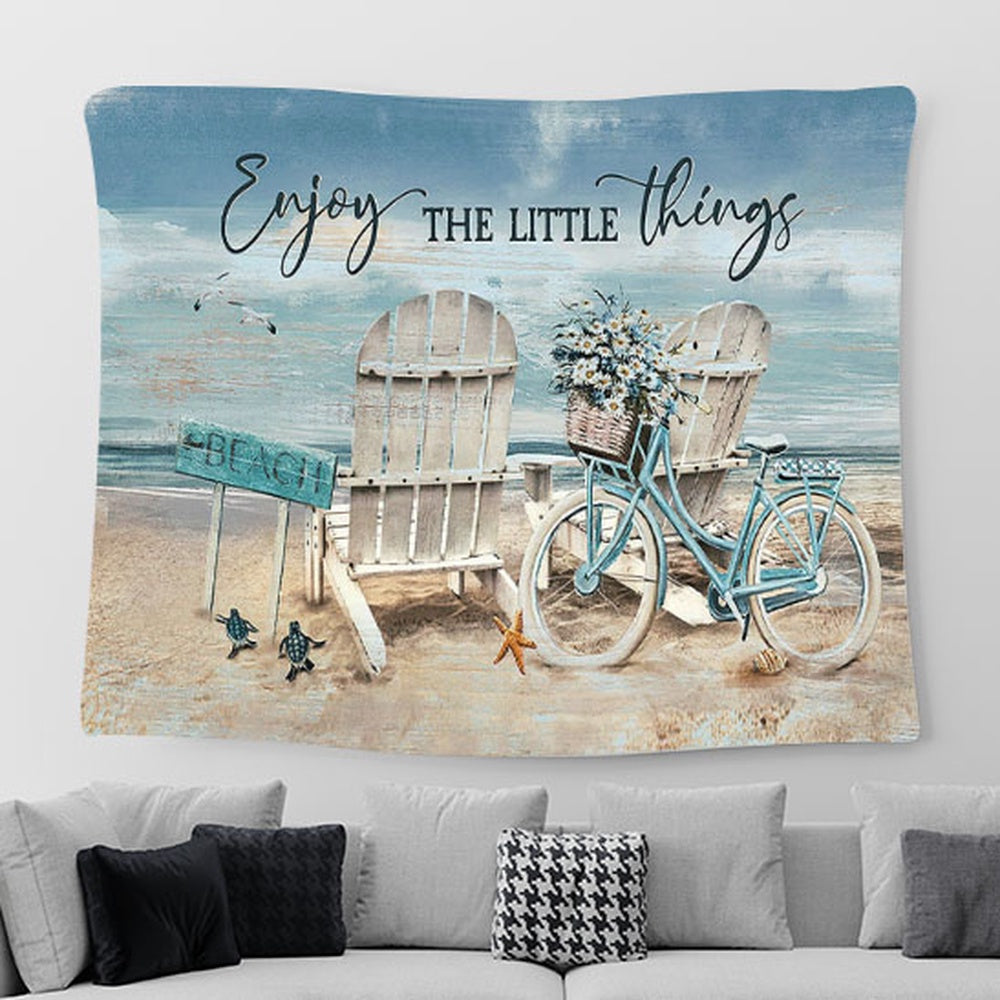 Chair Blue Bicycle Enjoy The Little Things Tapestry Wall Art - Bible Verse Tapestry - Religious Prints