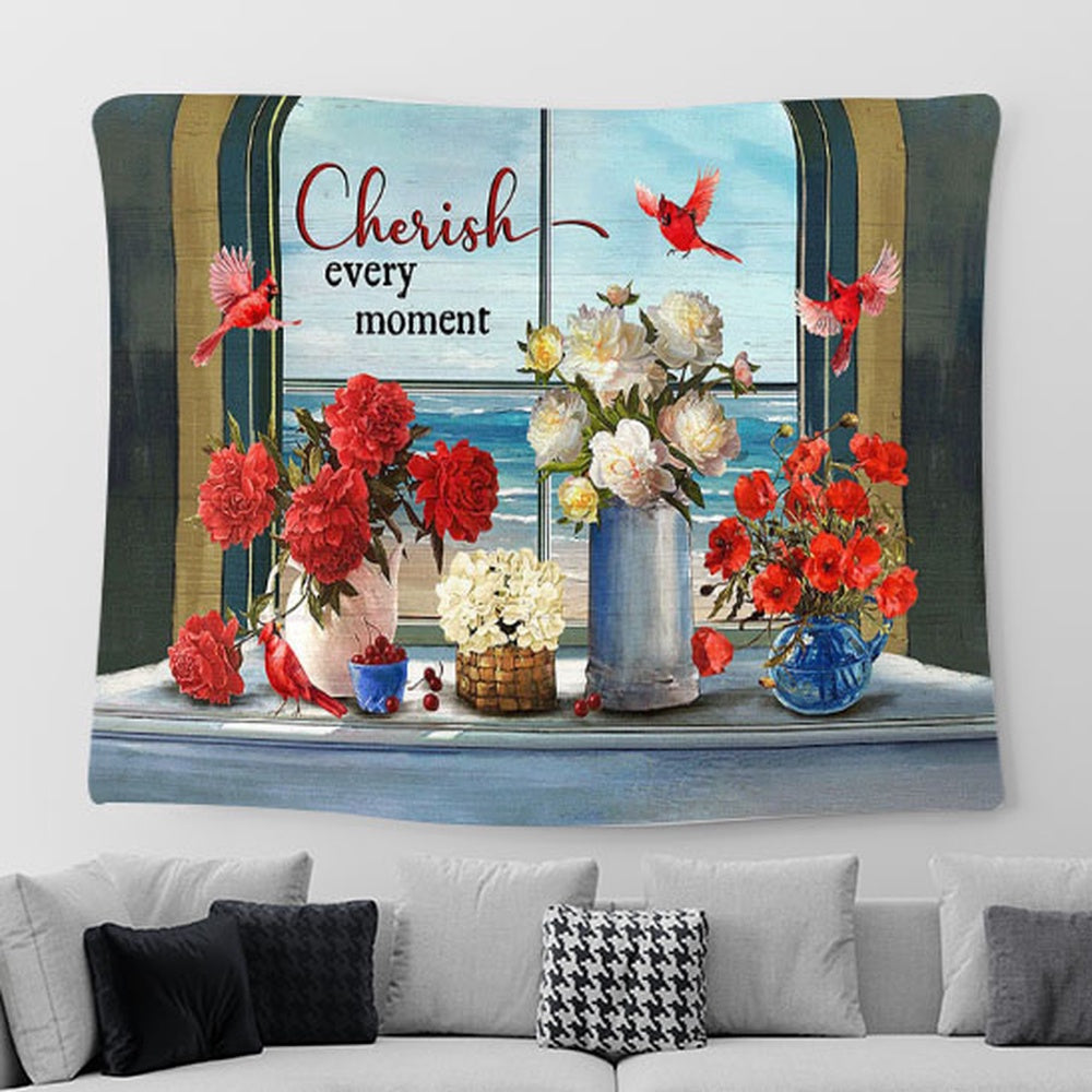 Cherish Every Moment Cardinals Red And White Flower Vase Beach View Large Tapestry - Christian Wall Art - Bible Verse Tapestry Art