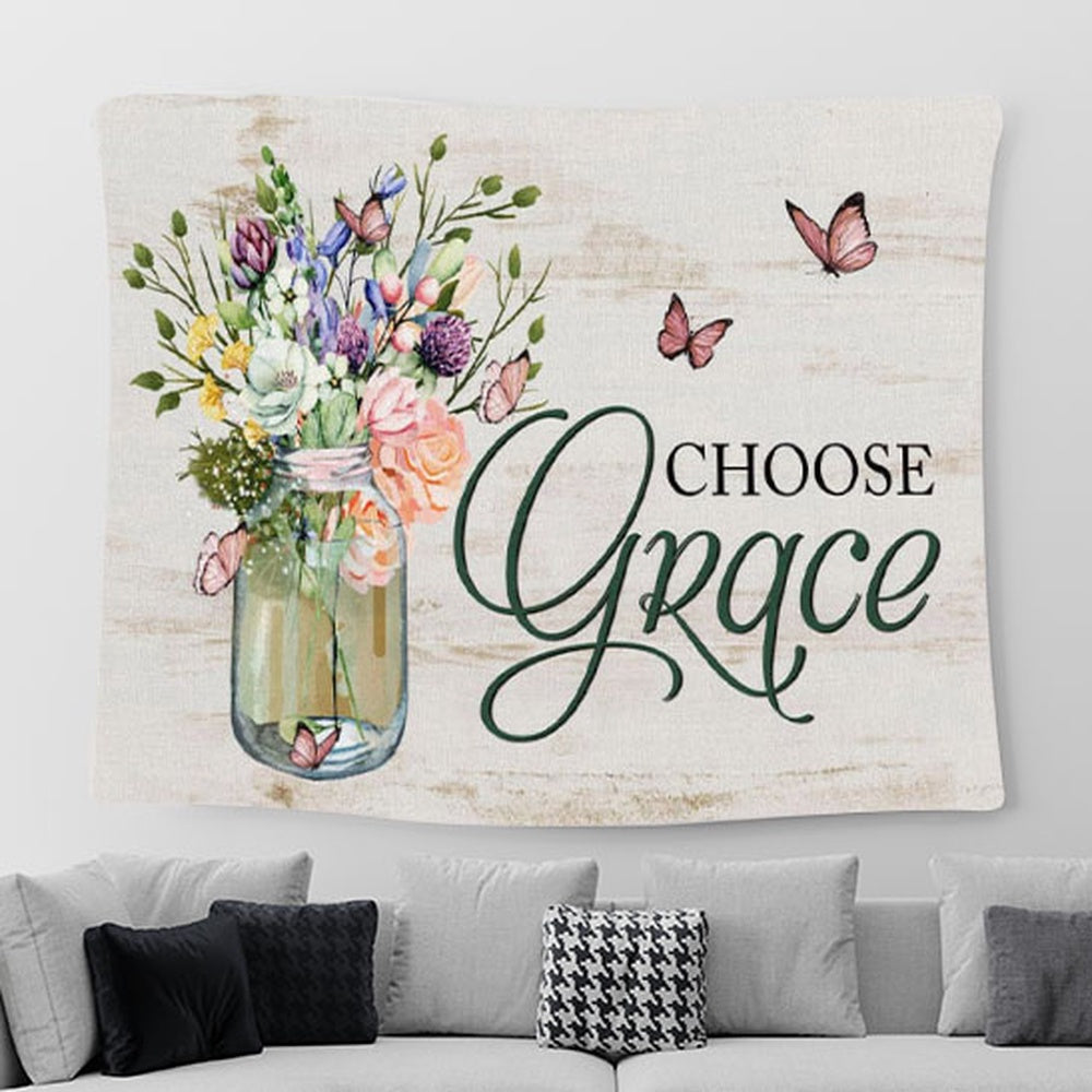 Choose Grace Tapestry Wall Art - Flower Butterfly - Christian Tapestries For Room Decor