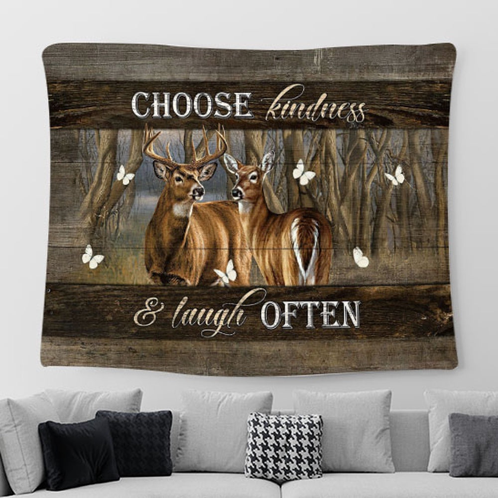 Choose kindness and laugh often Deer White butterfly Tapestry Wall Art - Bible Verse Tapestry - Religious Prints