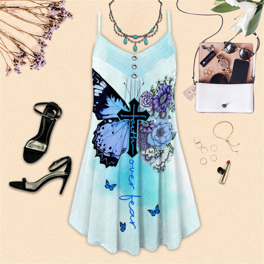 Christian Blue Butterfly Faith Spaghetti Strap Summer Dress For Women On Beach Vacation, Hippie Dress, Hippie Beach Outfit
