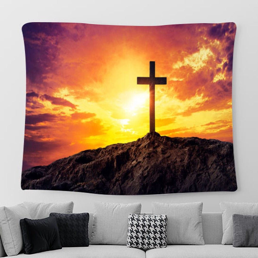 Christian Cross On Mountain Tapestry Pictures - Faith Art - Christian Tapestry Wall Art Decor