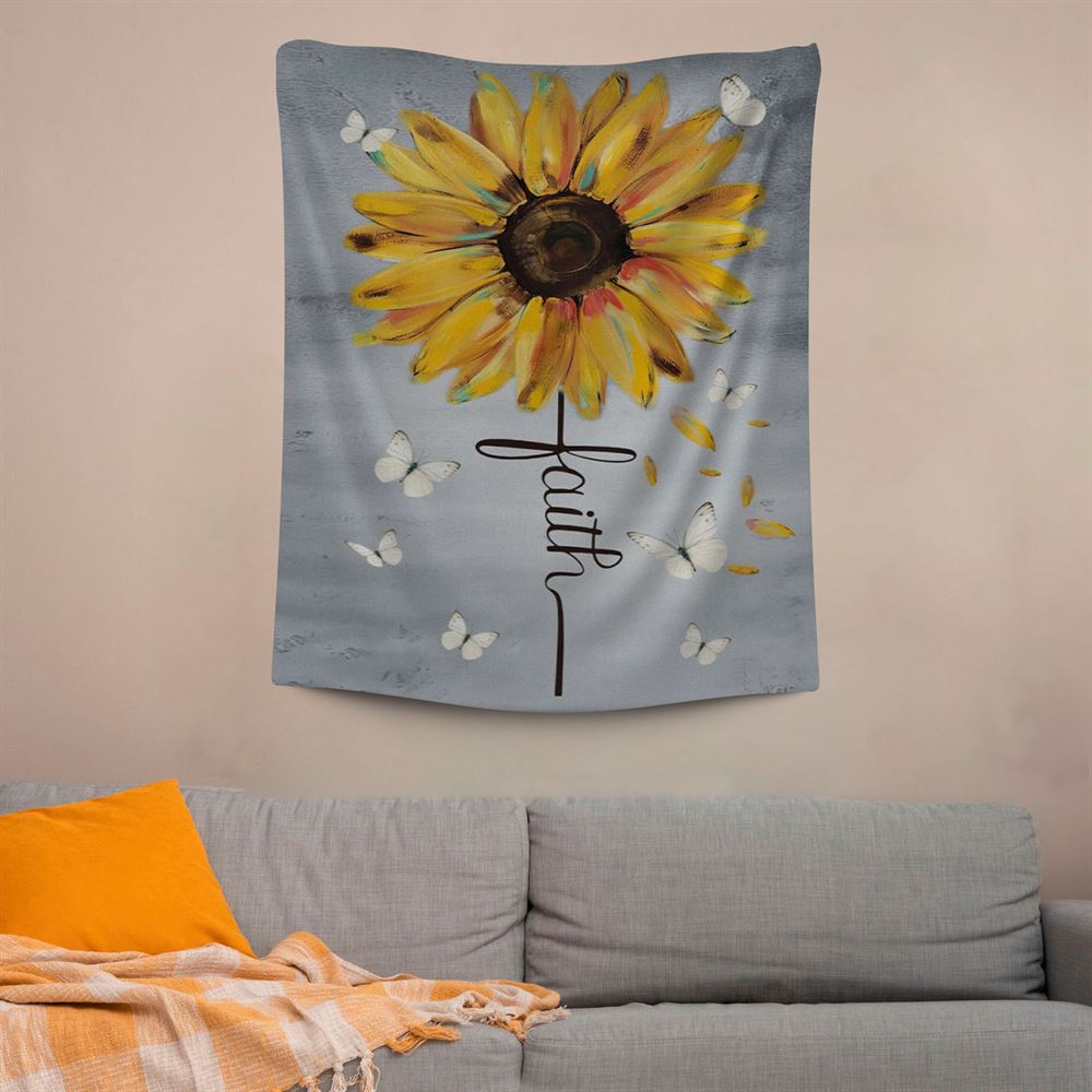 Christian Faith Cross Butterfly Sunflower Tapestry Prints, Scripture Wall Art, Tapestries Spiritual For Bedroom