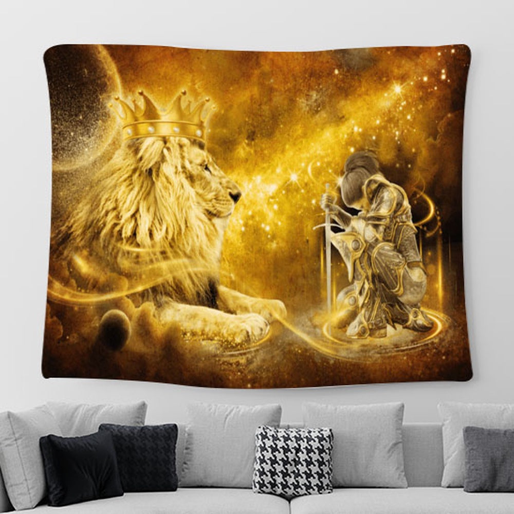 Christian Lion And Female Warrior Knight Of God Large Tapestry Art - Christian Tapestry Wall Hanging - Religious Tapestry Prints