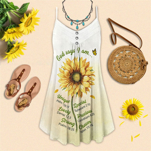 Christian Sunflower Faith God Says I Am Spaghetti Strap Summer Dress For Women On Beach Vacation, Hippie Dress, Hippie Beach Outfit