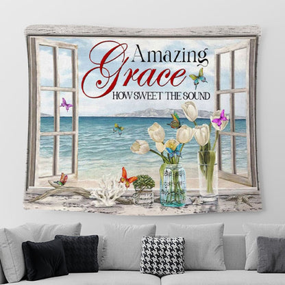 Christian Wall Art Amazing Grace How Sweet The Sound - Butterflies Tapestry Print - Christian Tapestries For Room Decor