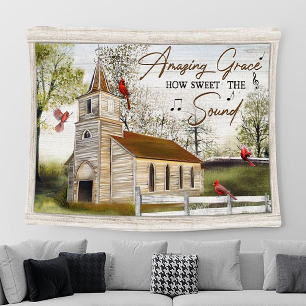 Christian Wall Art Amazing Grace How Sweet The Sound - Cardinal Bird Church - Tapestry Print - Christian Tapestries For Room Decor